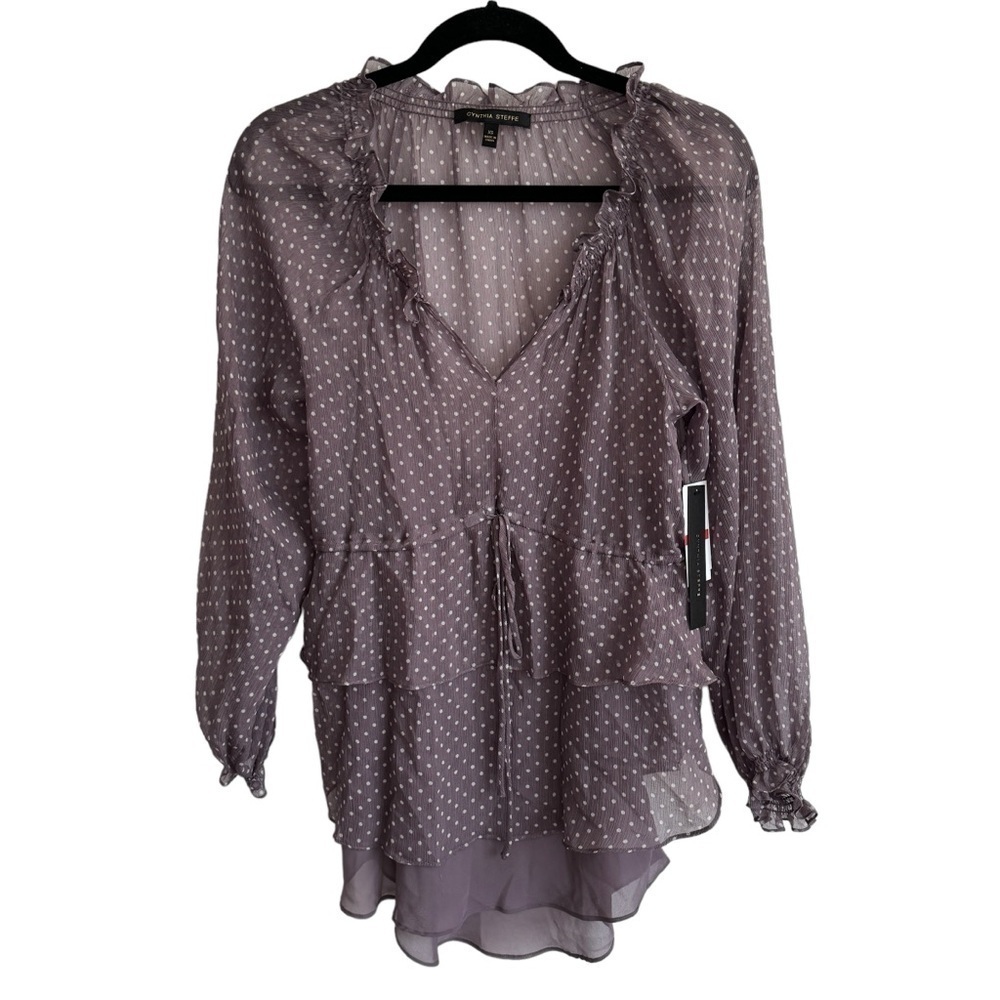 NWT Cynthia Steffe Purple 100% Silk Polka Dot Ruffled Blouse, Size XS